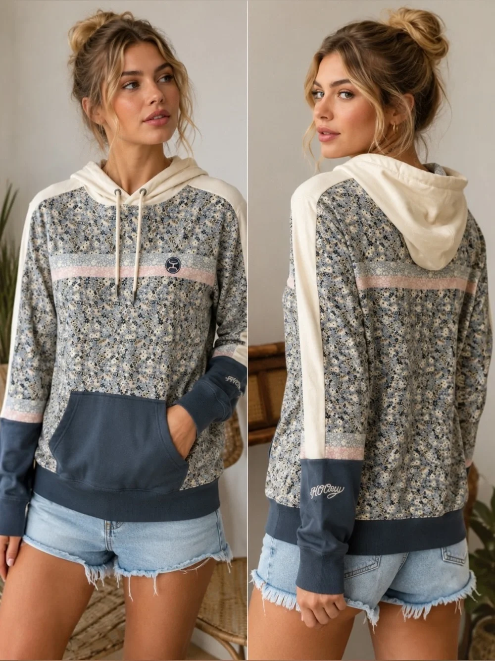 Hooey Women’s Ditzy Floral Hoodie Blue Cream Pullover Kangaroo Pocket M - Picture 1 of 10